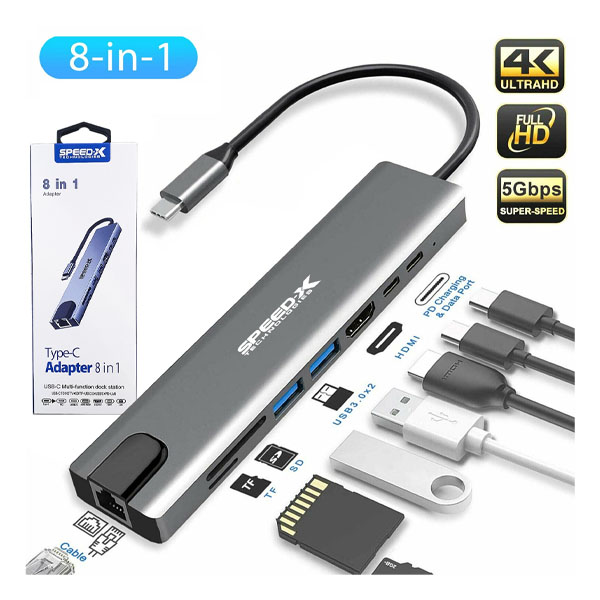 Speed‑X 8‑in‑1 Type‑C Hub – 4K HDMI, USB 3.0, Ethernet | Wastah.pk